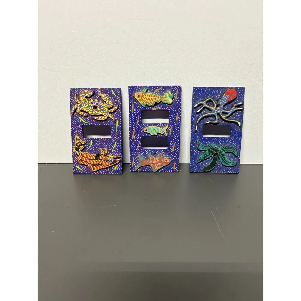 Hand-Painted Wood Folk Art Sea Life Light Switch Plates Lot of 3 Nautical Coast